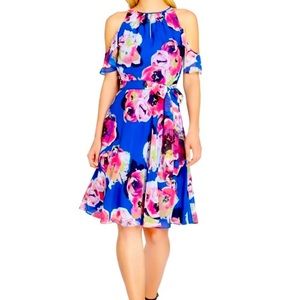Tahari Flowy Cold Shoulder Mini Dress